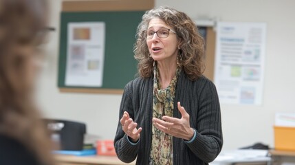 Mature woman teacher lecturing students in classroom.