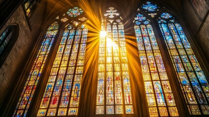 Obraz premium Majestic stained glass window with sunlight streaming through, perfect for religious, architectural, and artistic design concepts.