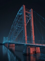 Fototapeta premium Wireframe blueprint of a modern bridge against a blue backdrop.