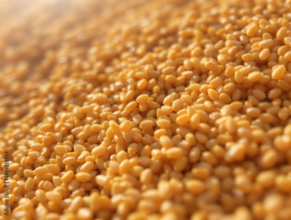 Poster a close-up view of a large quantity of golden rice grains.