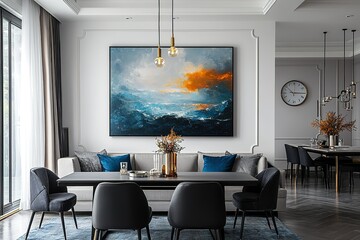 A large painting of a mountain range hangs on the wall of a modern living room