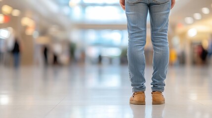 Obraz premium A person stands in a spacious indoor area, wearing jeans and shoes, with a blurred background of other people and bright, natural lighting.