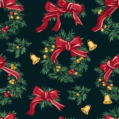 Obraz premium Seamless Pattern with Christmas Wreaths Red Ribbons and Holly