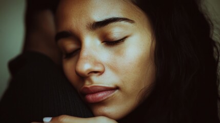 Obraz premium Serene young woman with eyes closed, resting peacefully.