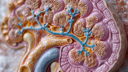 Fototapeta premium A colorful anatomical model depicting the intricate structure of a kidney with detailed branching and vascular components.
