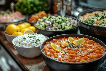 Obraz premium A table with a variety of food, including rice, beans, and vegetables