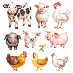 Fototapeta premium Watercolor Farm Animals Collection with Cute Pigs Cows Sheep and Roosters