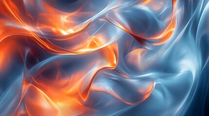 Fototapeta premium A mesmerizing abstract composition of platinum and orange smoke, curling and intertwining like ribbons on a midnight blue, glowing as if lit from within.