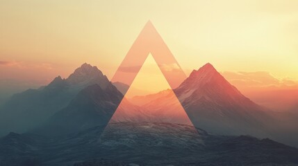 Sunset mountainscape with geometric overlay.