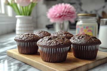 A wooden board with four chocolate muffins on it