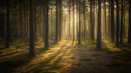 Obraz premium A serene forest scene bathed in golden light. Sunlight filters through tall trees creating a warm ambiance. It invokes peace and tranquility. Generative AI