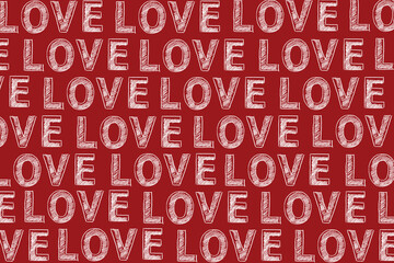 Word LOVE repeated in white on the red background. The letters are hand-drawn, giving a rough and textured look. The pattern is continuous, creating a striking and eye-catching design. Valentine's Day