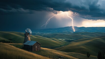 Majestic Landscape of Rolling Hills with a Rustic Windmill Under Dramatic Lightning and Stormy Skies at Dusk in Rural America