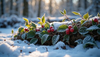 Frosted red berries on snowy forest ground