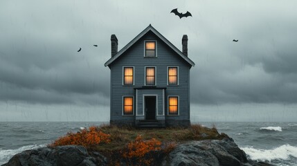 Mysterious haunted house on rocky island coastal landscape digital art eerie atmosphere dramatic sky spooky concept