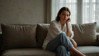 Obraz premium Woman in oversized shirt sitting on a couch, lost in thought.