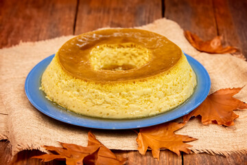 Milk ans eggs Pudding or Pudim de leite. Brazilian dessert homemade caramel custard pudding. Traditional brazilian flan 