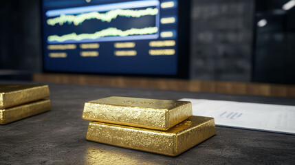 Modern Office Space Featuring Stacks of Gold Bullion Bars on Table