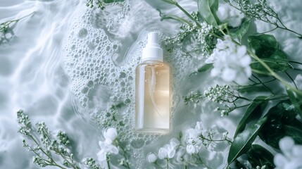 Clean skincare concept emphasizing an acne-control toner mist texture active ingredients for clear skin and calming visuals like flowing water and fresh greenery for a rejuvenating effect