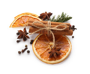 Different aromatic spices isolated on white. Christmas season