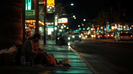 Naklejka premium Homeless Person Sitting on Sidewalk at Night Surrounded by City Lights and Traffic