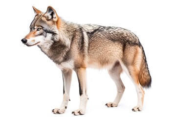 Side view of alert wolf isolated on white background.
