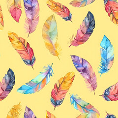 Colorful watercolor feathers are arranged in a seamless pattern on a yellow background. The design concept is nature-inspired and artistic