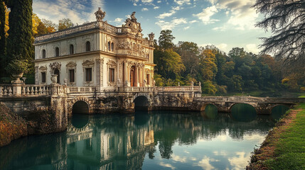 A beautiful light-colored building stands on a bridge over a calm canal