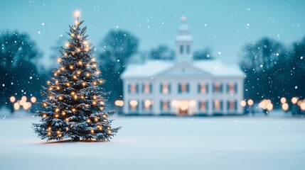 Obraz premium Festive christmas tree in snowy landscape winter wonderland celebration outdoor scene serene atmosphere holiday spirit