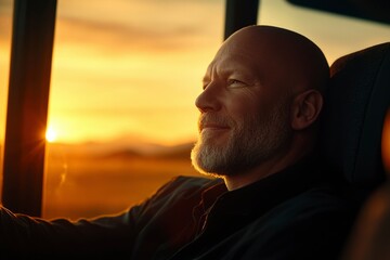 Fototapeta premium Bald Man Contemplates Sunset From Vehicle Seat
