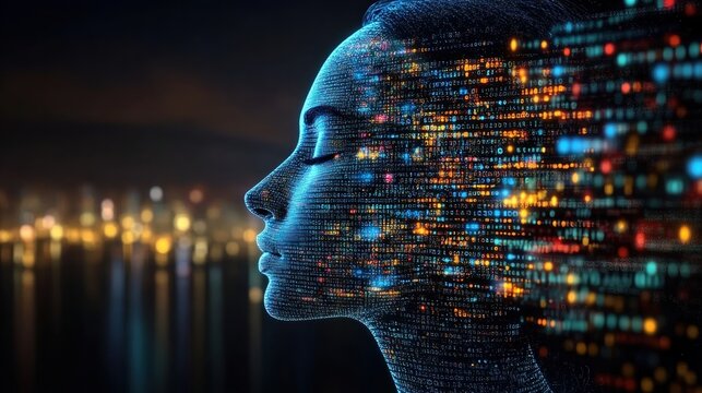 AI Face Digital Woman Code Cloud Computing Blockchain Futuristic Technology Data Network Binary