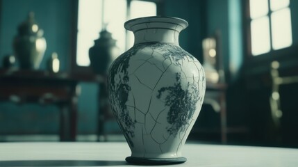 Fragile porcelain vase cracked and slightly tilted on white table,symbolizing vulnerability and fragility in life and relationships