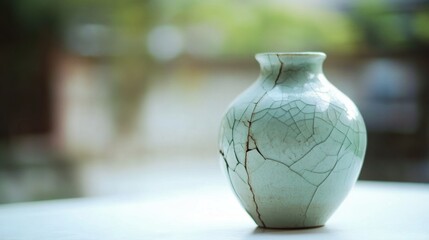 Fragile porcelain vase cracked and slightly tilted on white table,symbolizing vulnerability and fragility in life and relationships