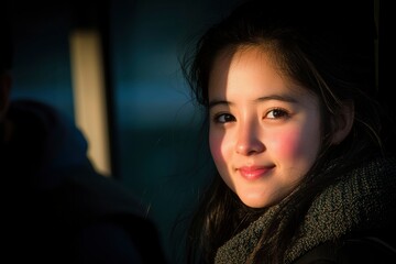 Fototapeta premium Young Woman Smiling Softly In Golden Sunlight