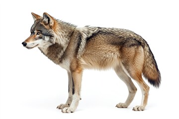 Fototapeta premium Alert gray wolf standing isolated on white background