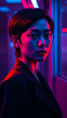 Portrait of an Asian woman in vibrant neon lighting