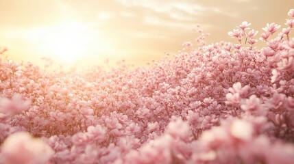 Serene Pink Flower Meadow Sunset Landscape Background