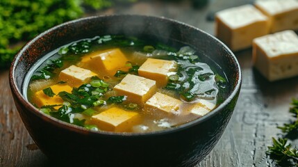 Delicious tofu soup with fresh herbs served in a rustic bowl on wooden table