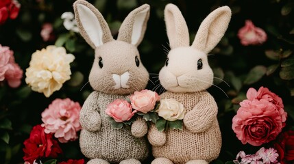 Obraz premium Playful rabbits hold flowers garden setting photography colorful environment close-up view whimsical concept for seo impact