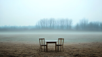 Naklejka premium Vintage Wooden Chairs and Table in a Foggy Pasture with Bare Trees in the Distance