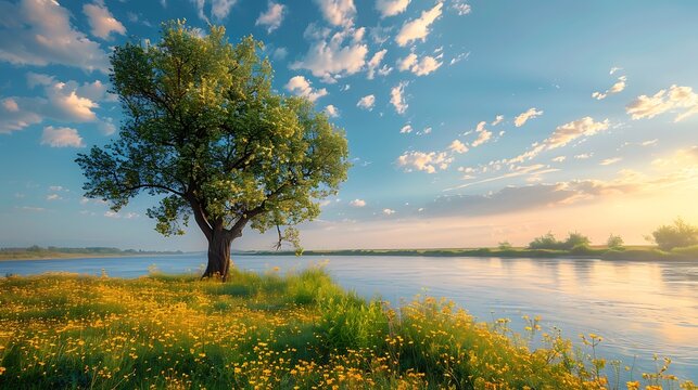 Perfect spring scene and morning meadow near the river with alone tree on the shore. Location place river Seret, Ukraine, Europe. Photo wallpaper. Environmental concept. Discover the beauty of earth.