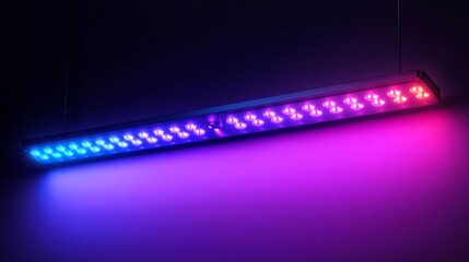 Obraz premium Modern LED strip light emitting purple and blue light against a dark background.