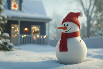 Obraz premium Snowman with a red scarf and hat, standing in a snow-covered front yard with Christmas lights on the house in the background. 