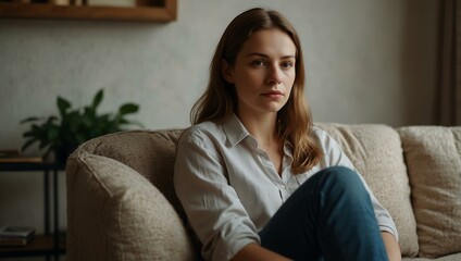 Obraz premium Woman sitting on a couch, lost in thought, creating a peaceful atmosphere.
