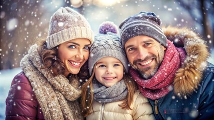 joyful parent and child in winter clothes enjoy together in a snowy park with falling snowflakes