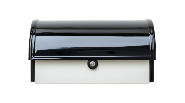 Product photography of a modern minimalist transparent mailbox in urban setting