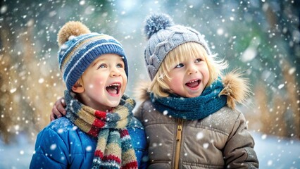 Cheerful happy girl and boy wearing in warm winter clothing in a snowy park, two children having fun in vacation