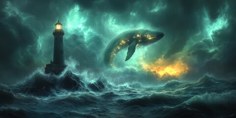 Fototapeta premium Futuristic wallpaper lighthouse , edge rocky cliff, stormy sea, glow Northern Light, and whale glowing , fantasy background.