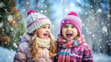 portrait of joyful couple of children in winter clothes enjoy together in a snowy park with falling snowflakes