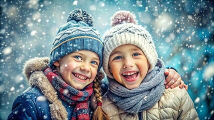 portrait of joyful couple of children, sisters in winter clothes enjoy together in a snowy park with falling snowflakes
